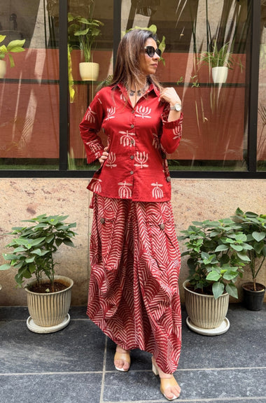 ROZANA- Red Lotus Drape Skirt Set (PRE-ORDERS)