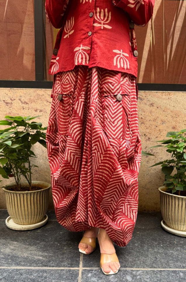 ROZANA- Red Lotus Drape Skirt Set
