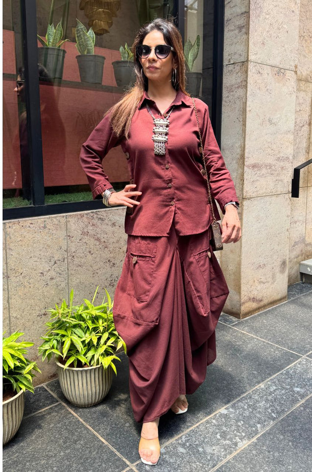 REZAAR-Brown Drape Skirt Co-Ord Set with Shirt Top