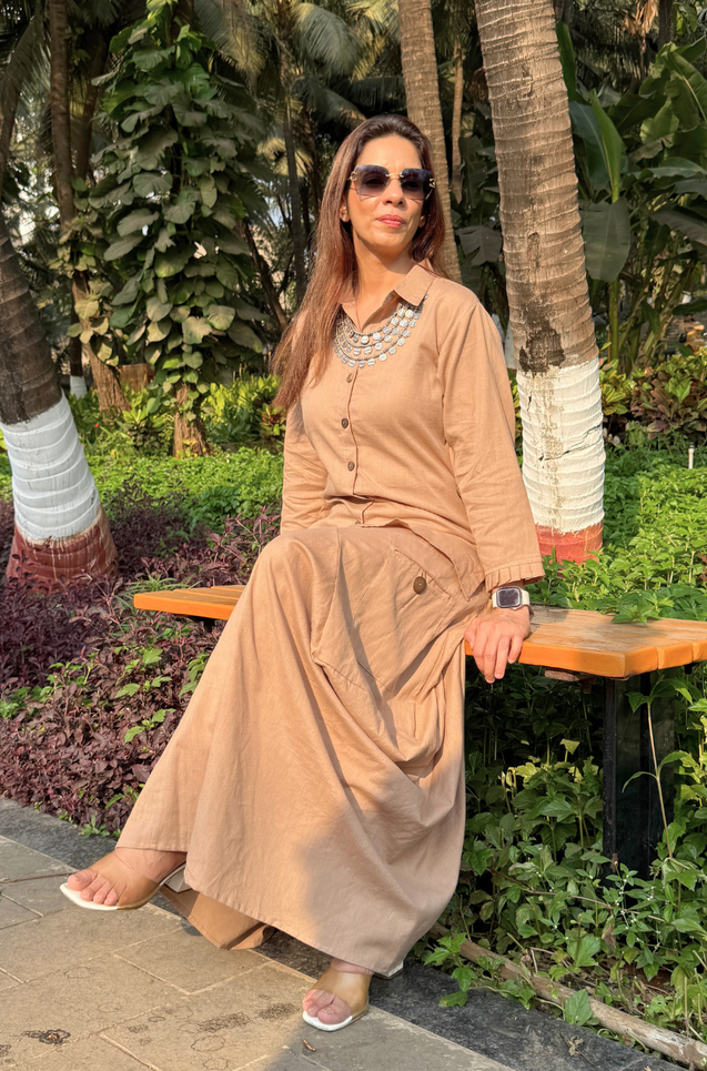 REZAAR- Beige Drape Skirt Co-Ord Set with Shirt Top