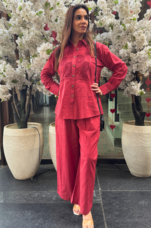 Rozana - Brick Red Cutwork Co-ord Set