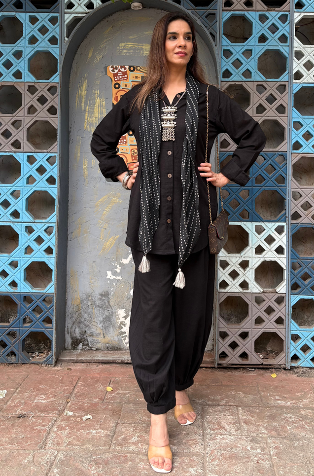 Black Shirt Pathani Stole Set (Pre-Order)