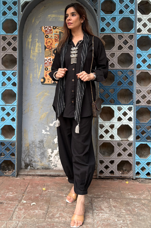 Rozana -Black Pathani  Shirt Set With Stole