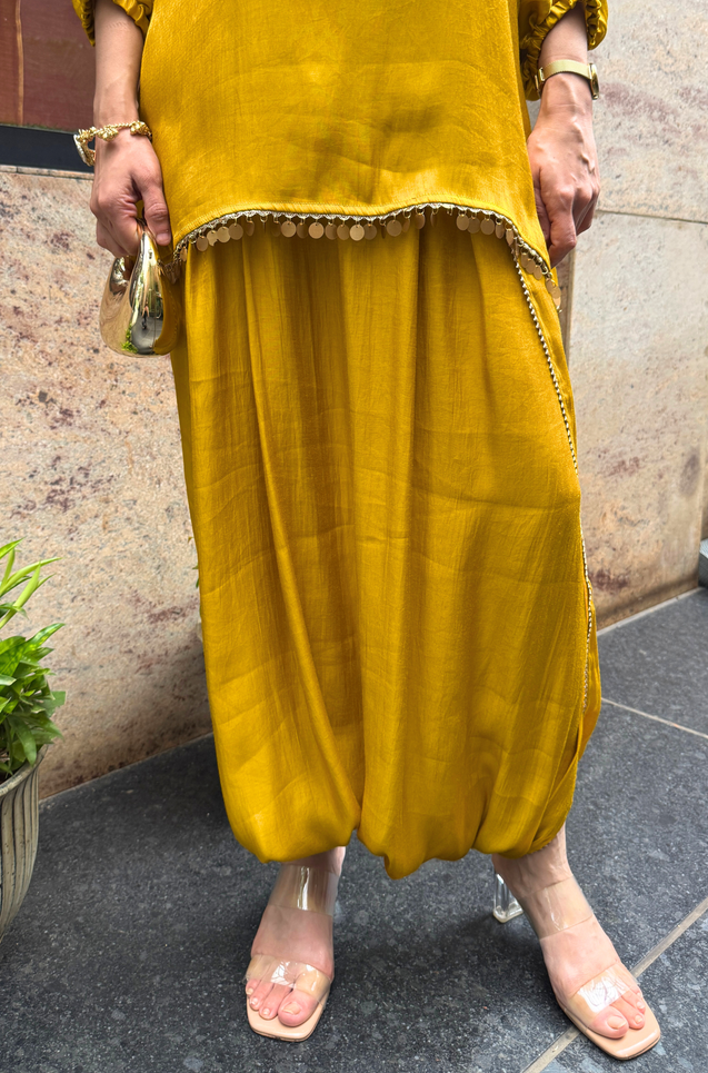 Festive Luxe- MustardYellow Top with Dhoti Skirt Set