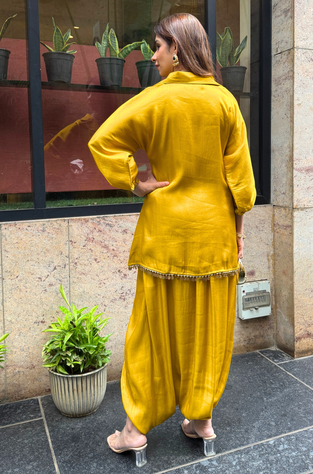 Festive Luxe- MustardYellow Top with Dhoti Skirt Set