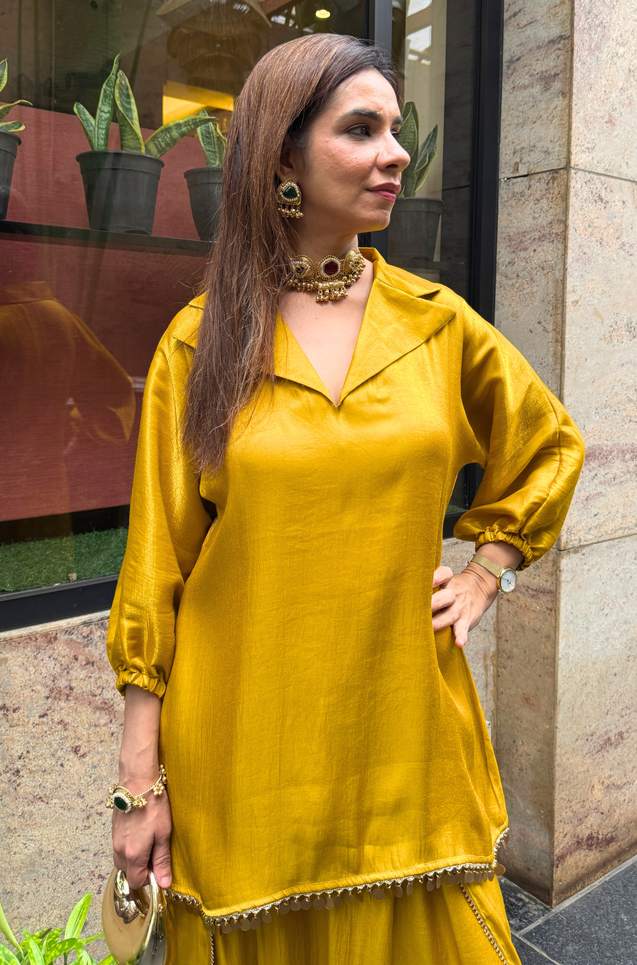 Festive Luxe- MustardYellow Top with Dhoti Skirt Set