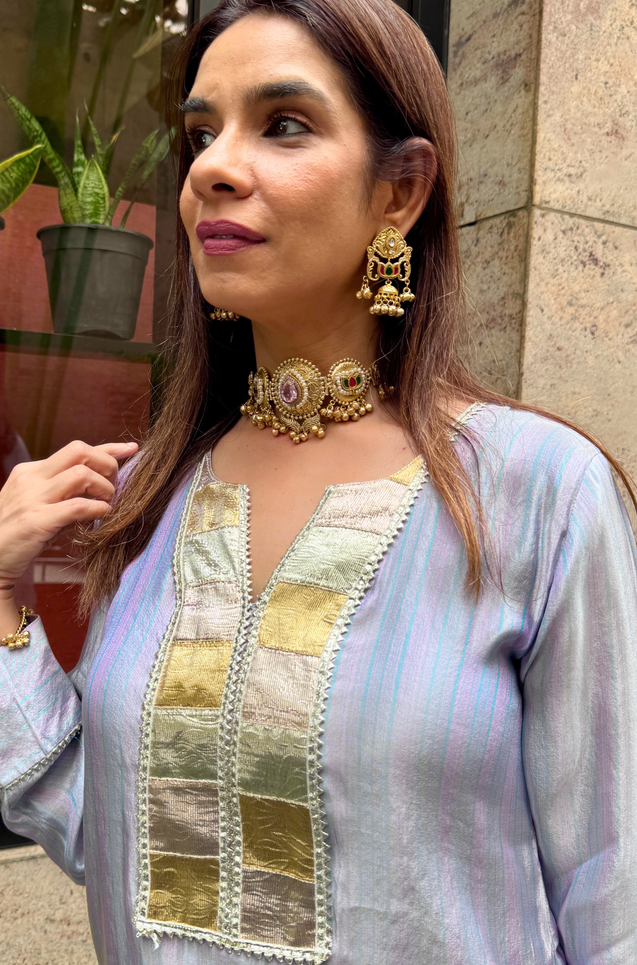 Mizaaj- Lilac Stripes Cord set with Potli