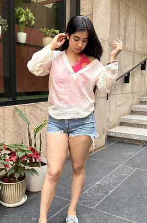 SUMMER SPECIAL - Pink halter neck top with mul overlay