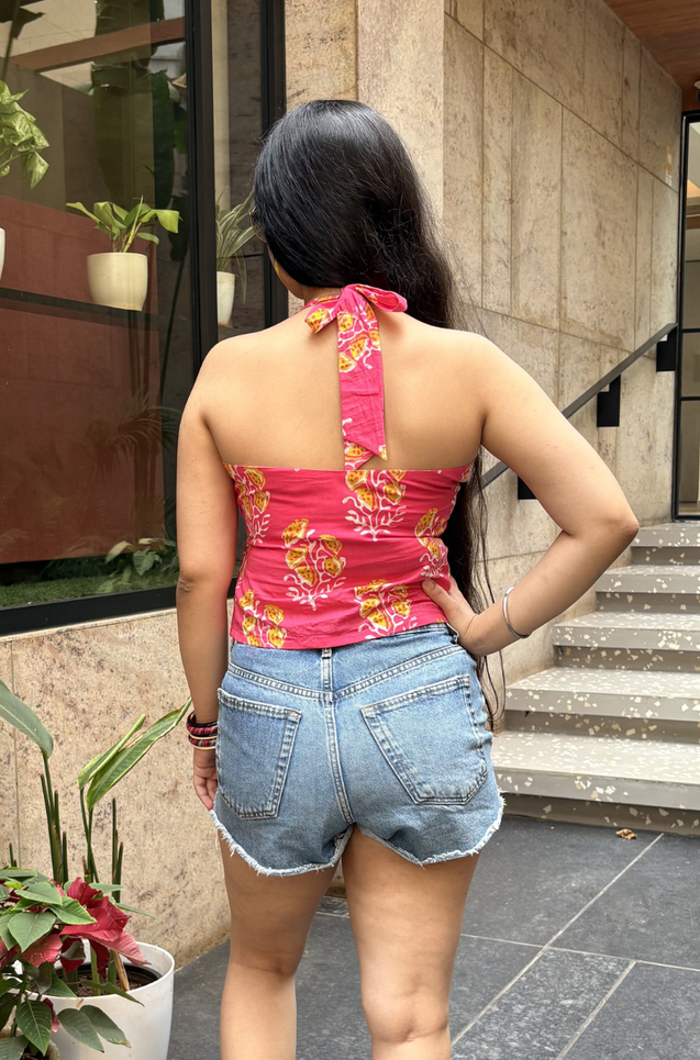 SUMMER SPECIAL - Pink halter neck top with mul overlay