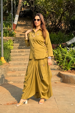 REZAAR- Olive Drape Skirt Co-Ord Set with Shirt Top