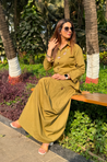 REZAAR- Olive Drape Skirt Co-Ord Set with Shirt Top