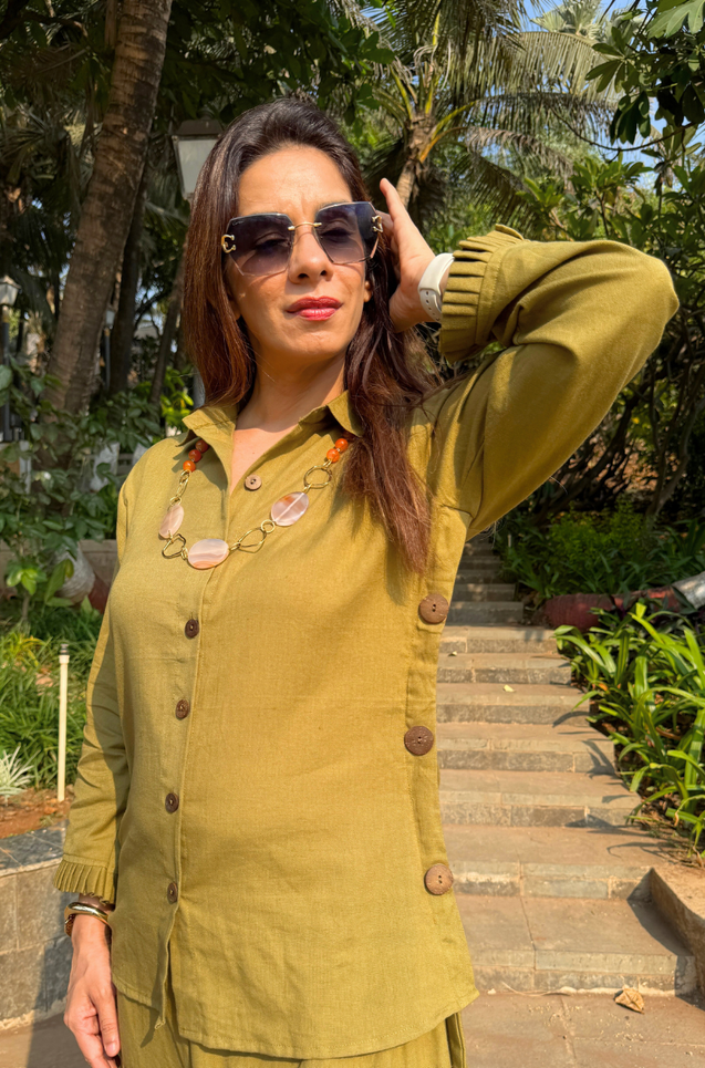 REZAAR- Olive Drape Skirt Co-Ord Set with Shirt Top