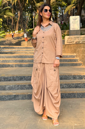 REZAAR- Beige Drape Skirt Co-Ord Set with Shirt Top