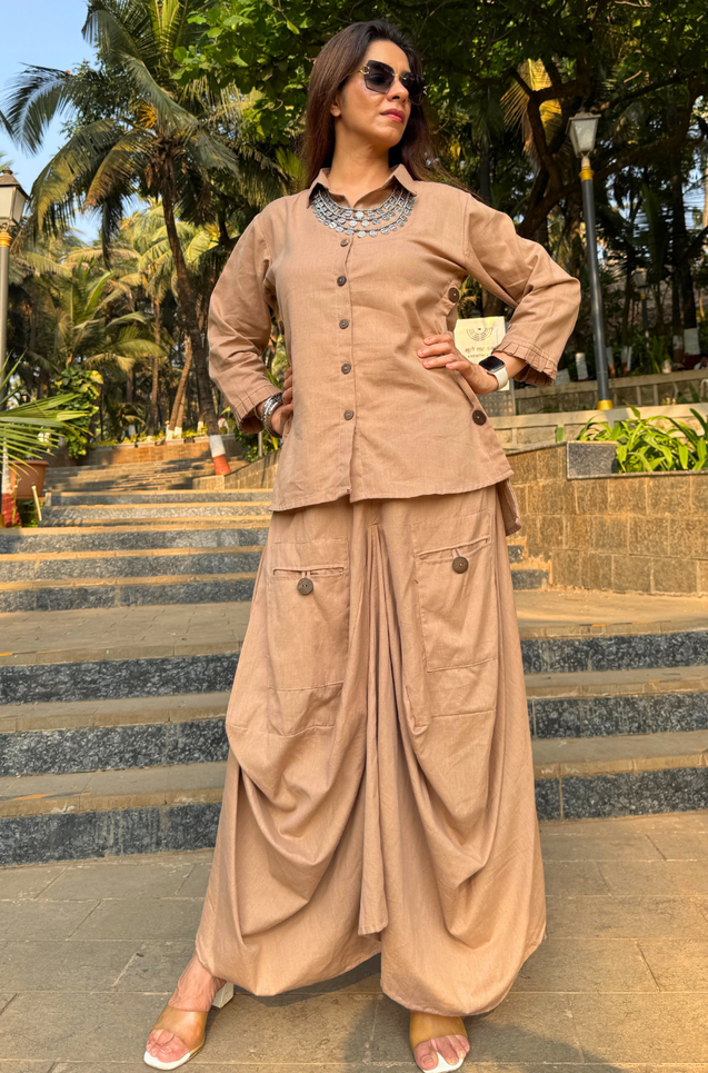 REZAAR- Beige Drape Skirt Co-Ord Set with Shirt Top