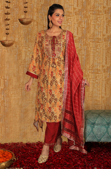 INNAYAT -  Red Three Piece Suit Set With Intricate Embroidery