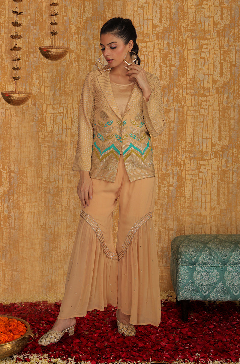 METTLE - Beige Georgette Blazer Set - Ishnya