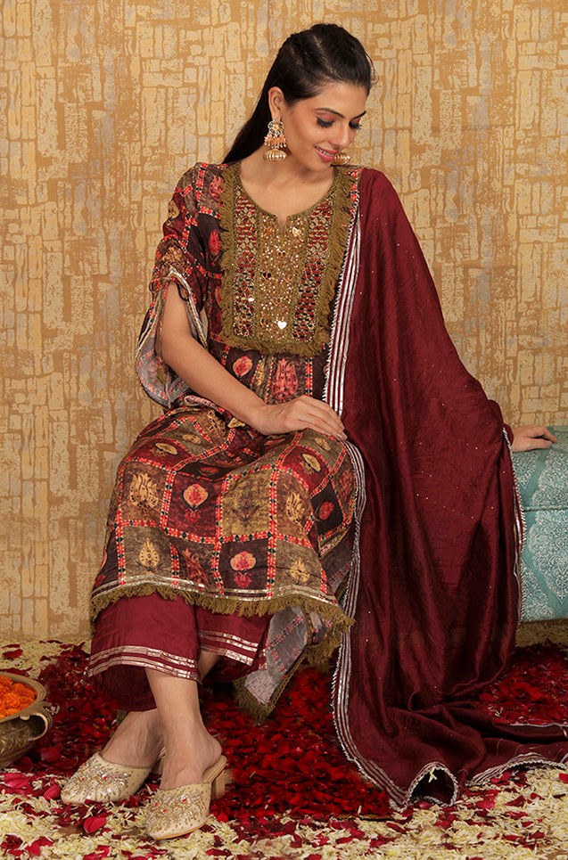 INNAYAT - Maroon Three Piece Suit Set With Intricate Embroidery