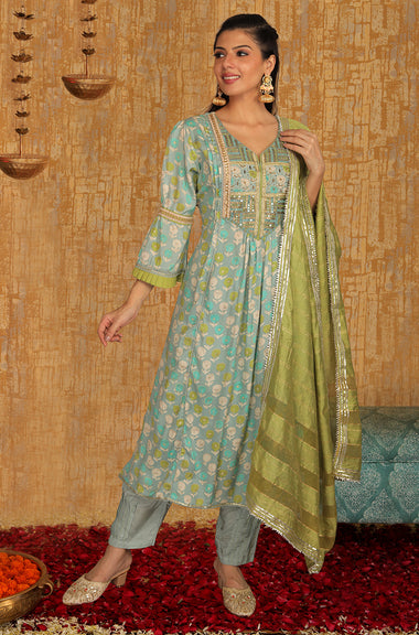 INNAYAT - Blue Three Piece Suit Set With Intricate Embroidery