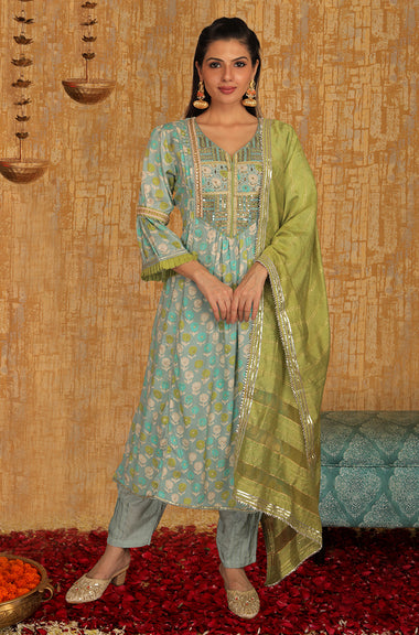 INNAYAT - Blue Three Piece Suit Set With Intricate Embroidery
