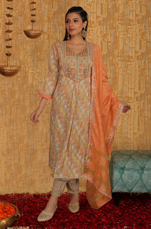 INNAYAT - Peach Three Piece Suit Set With Intricate Embroidery