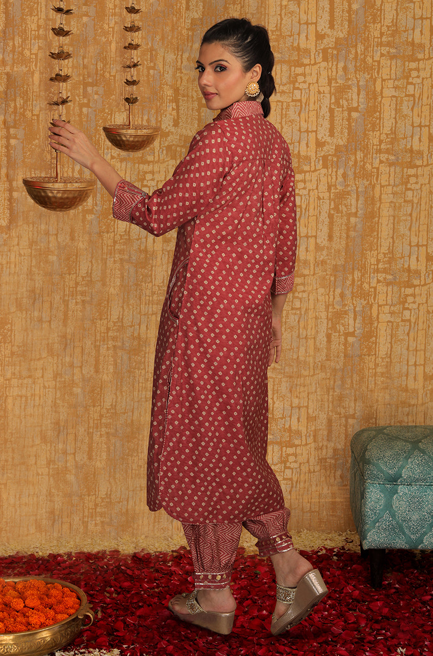 DESI SWAG - Rust Bandhani Printed Pathani Set - Ishnya
