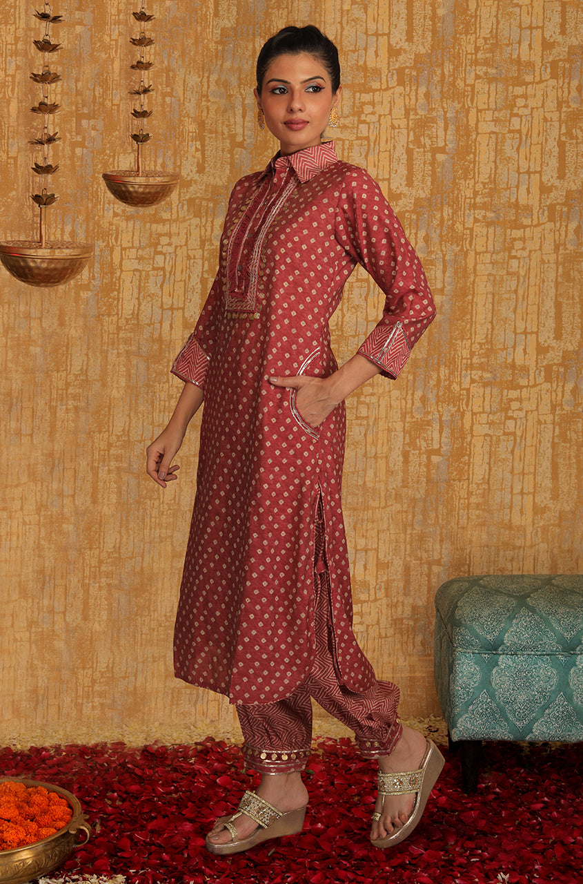 DESI SWAG - Rust Bandhani Printed Pathani Set - Ishnya
