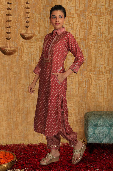 DESI SWAG - Rust Bandhani Printed Pathani Set