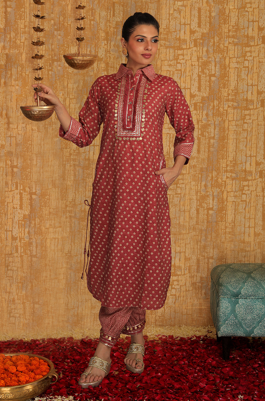 DESI SWAG - Rust Bandhani Printed Pathani Set - Ishnya