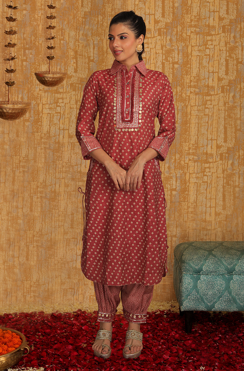 DESI SWAG - Rust Bandhani Printed Pathani Set - Ishnya