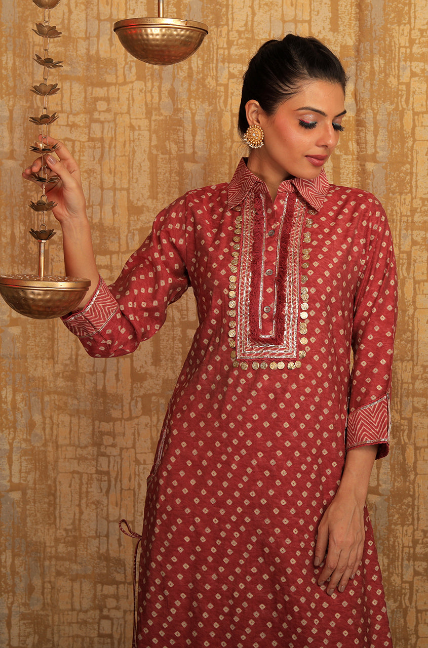 DESI SWAG - Rust Bandhani Printed Pathani Set - Ishnya
