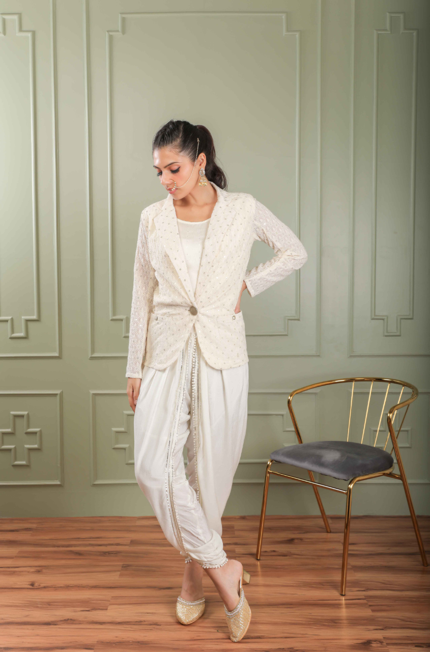 METTLE Lucknowi Embroidered Blazer With Dhoti Pants Ishnya