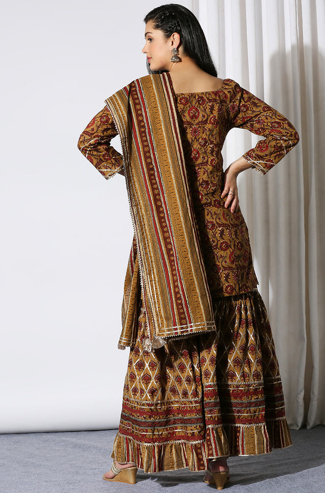 HEER - Sand Brown 3 Piece Cotton Kurta Set with Sharara