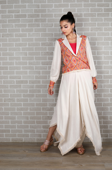 METTLE- Pink Diamond Print Blazer and  Divider Skirt Set