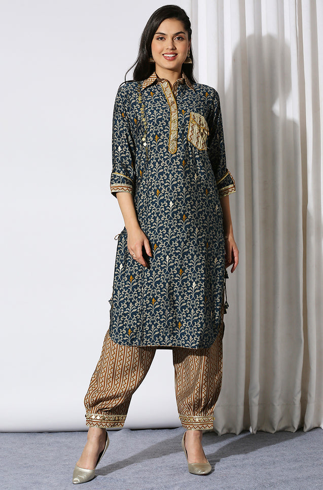 DESI SWAG - Blue And Grey  Blue Printed  Two Piece Pathani Set