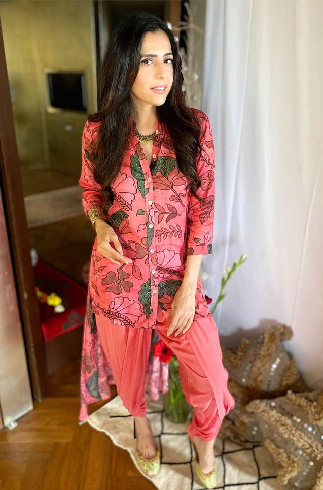 Must(ard) Try! - Floral Print Kurta with Tulip Pants - Pink