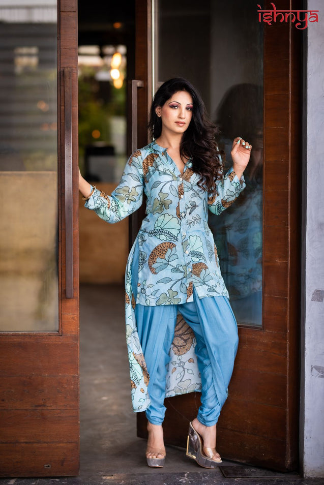 Must(ard) Try! - Floral Print Kurta with Tulip Pants - Blue