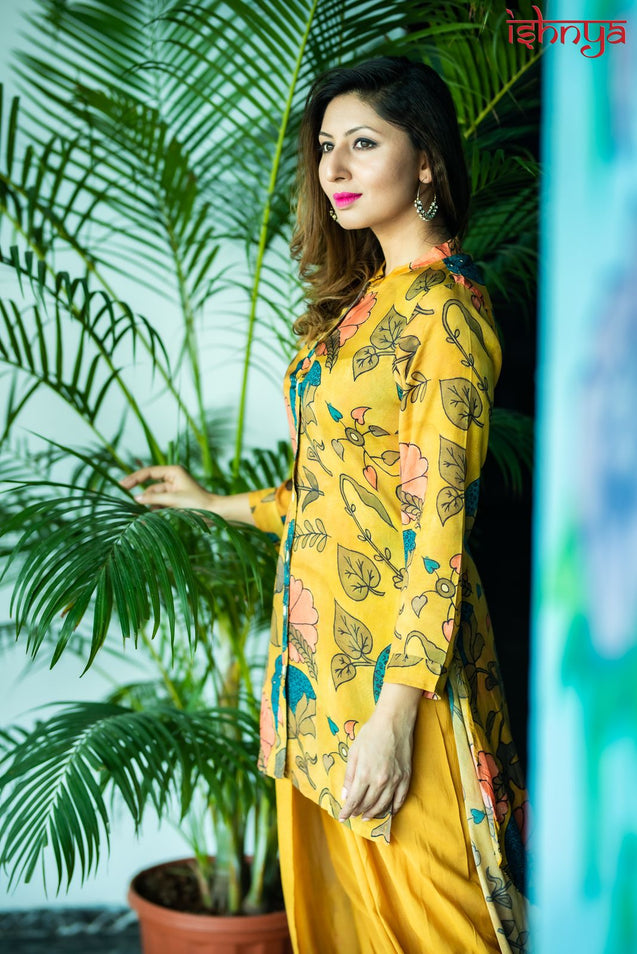 Must(ard) Try! - Floral Print Kurta with Tulip Pants - Mustard