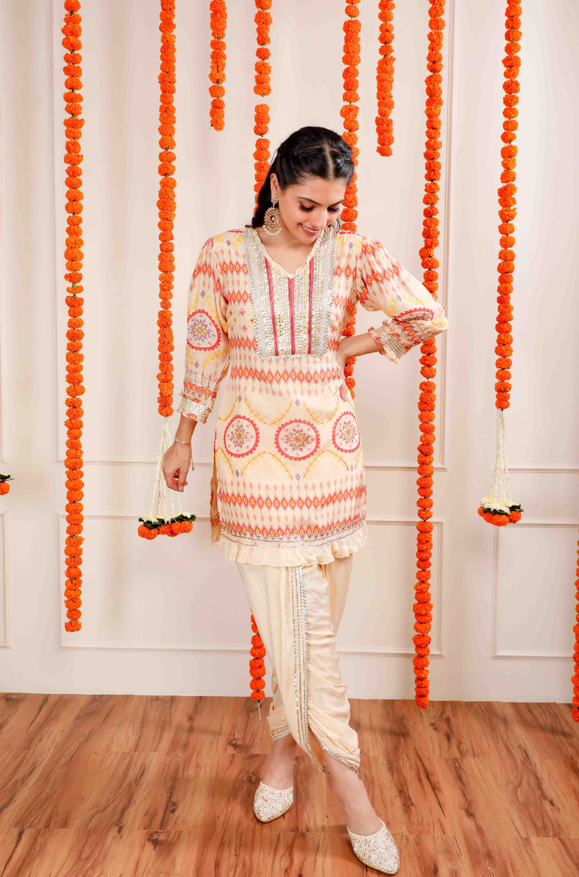 Buy ANEEHKA White Slub Viscose Aline Short Kurta And Dhoti Pant Set Online   Aza Fashions