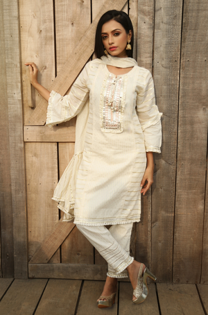 Moh by Ishnya - 3 Piece White Suit Set  with Dupatta