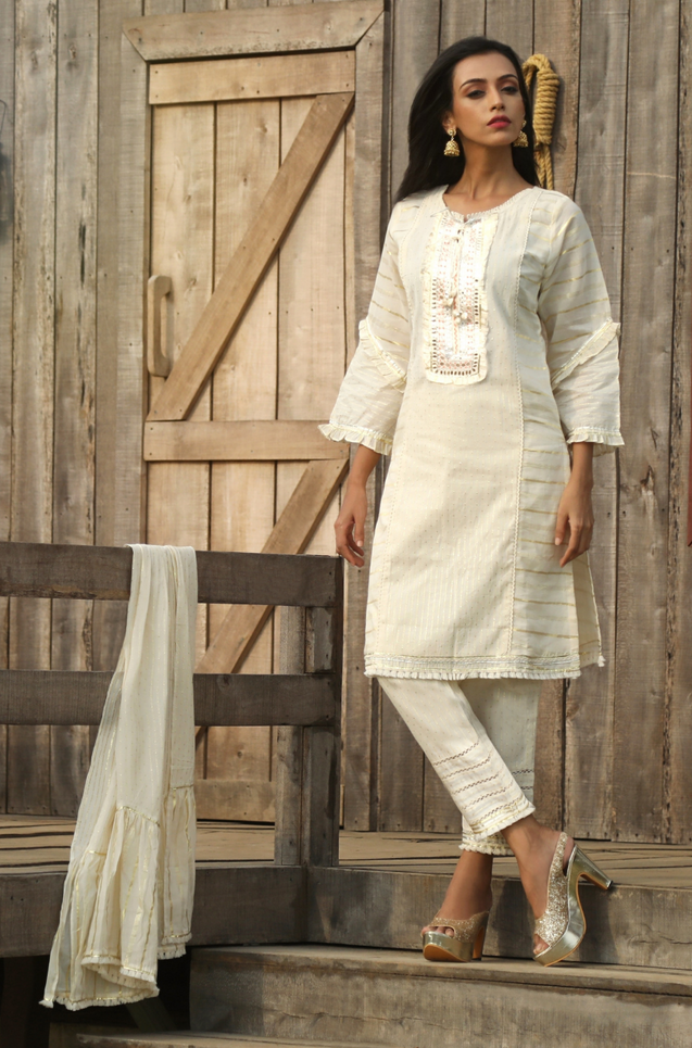 Moh by Ishnya - 3 Piece White Suit Set  with Dupatta
