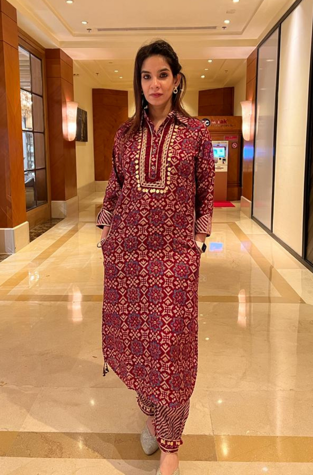 DESI SWAG -  Maroon Printed Co-ord  Pathani Set