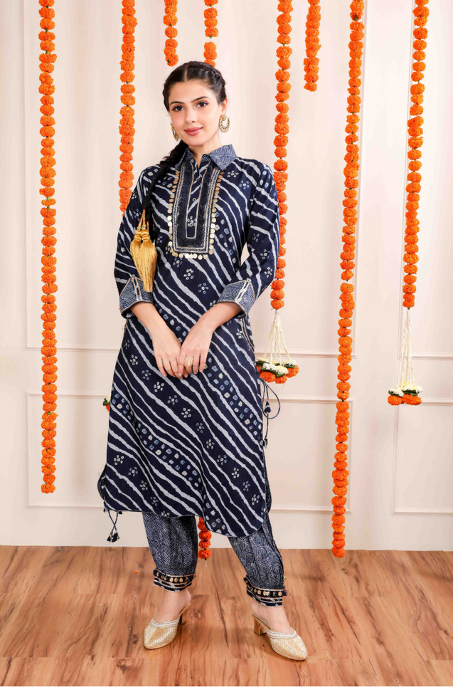 Pathani Sets DESI SWAG - Midnight Blue Printed Co-ord Pathani Set - Ishnya