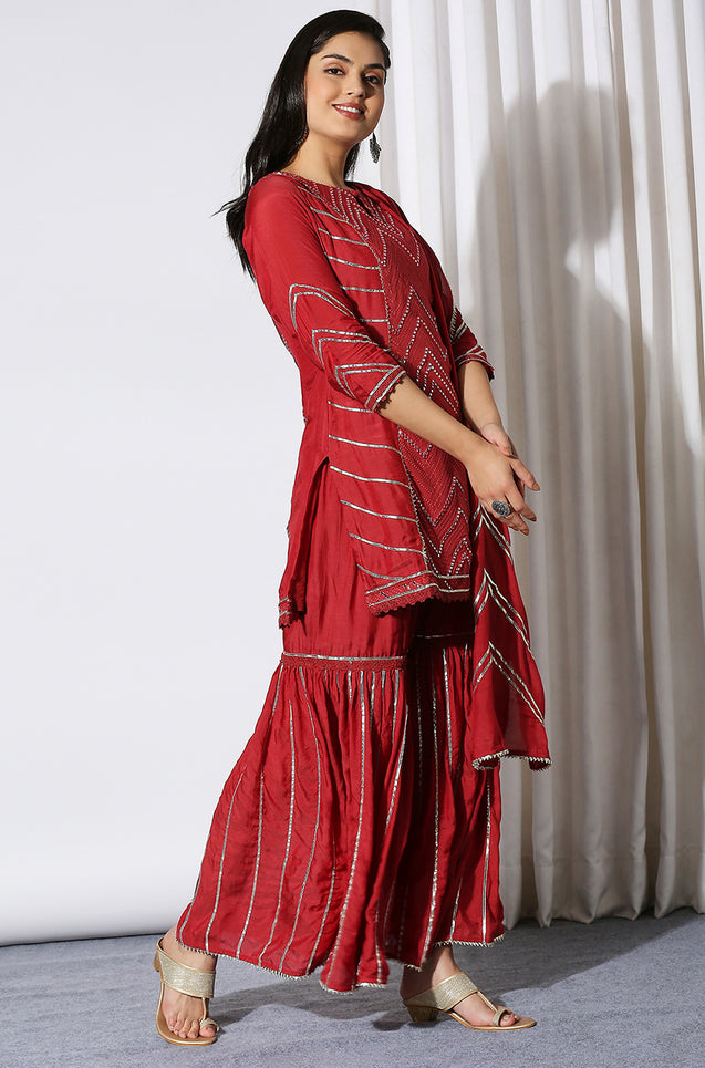SANJH - Persian Red Chevron Mirror Work 3 Piece Sharara Suit Set