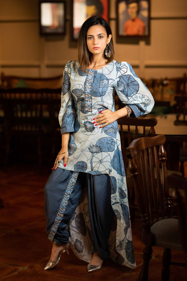 Simply Stylish! - Asymetrical Kurta with Tulip Pants - Blue