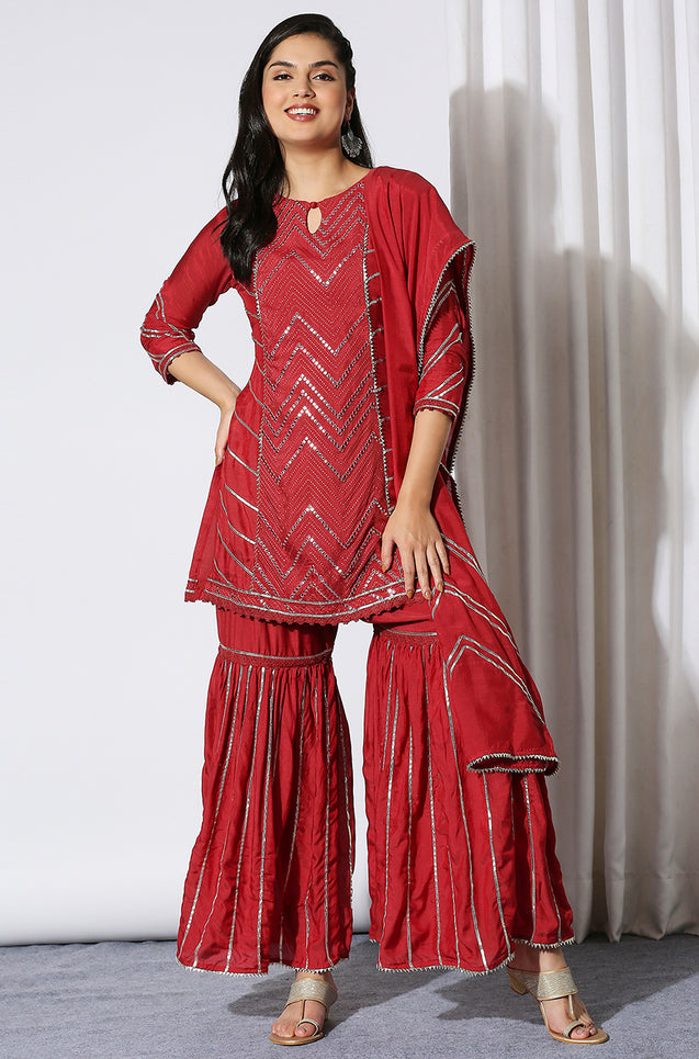 SANJH - Persian Red Chevron Mirror Work 3 Piece Sharara Suit Set