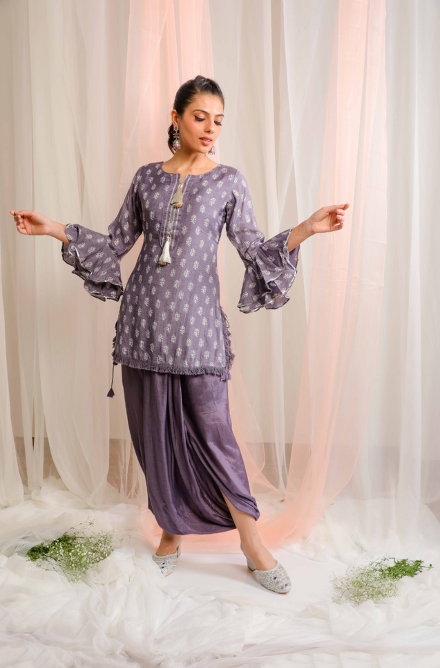 MATARGASHTI -Lilac  Printed Short Kurta With Lungi Skirt