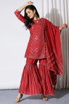 SANJH - Persian Red Chevron Mirror Work 3 Piece Sharara Suit Set