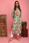 Pistachio-Floral Print Kurta with mask
