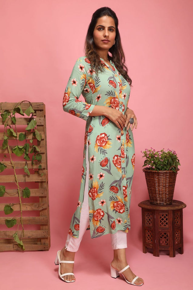 Pistachio-Floral Print Kurta with mask