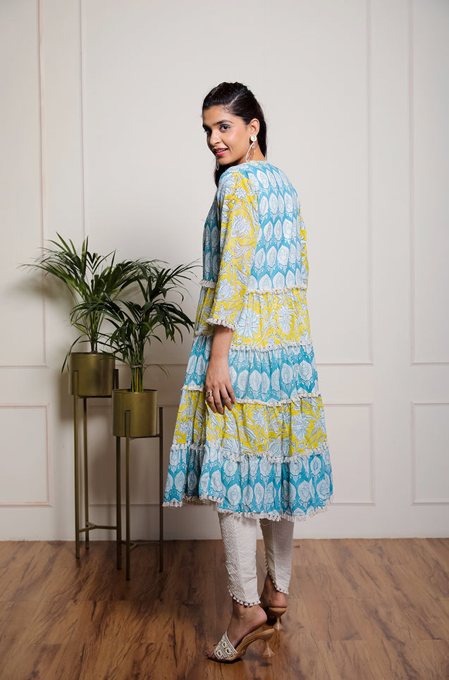 Yellow and Blue Printed Mul Tiered Jakcet With Inner & Tulip